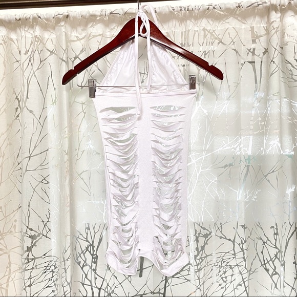 White ripped slit halter v neck mini dress - Picture 5 of 7